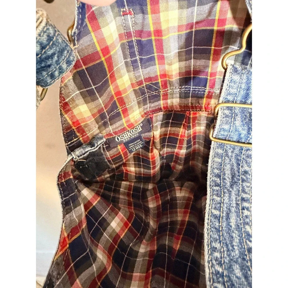 OshKosh Bgosh Baby Boys Plaid Flannel Lined Denim Overalls‎ Blue 12 Months